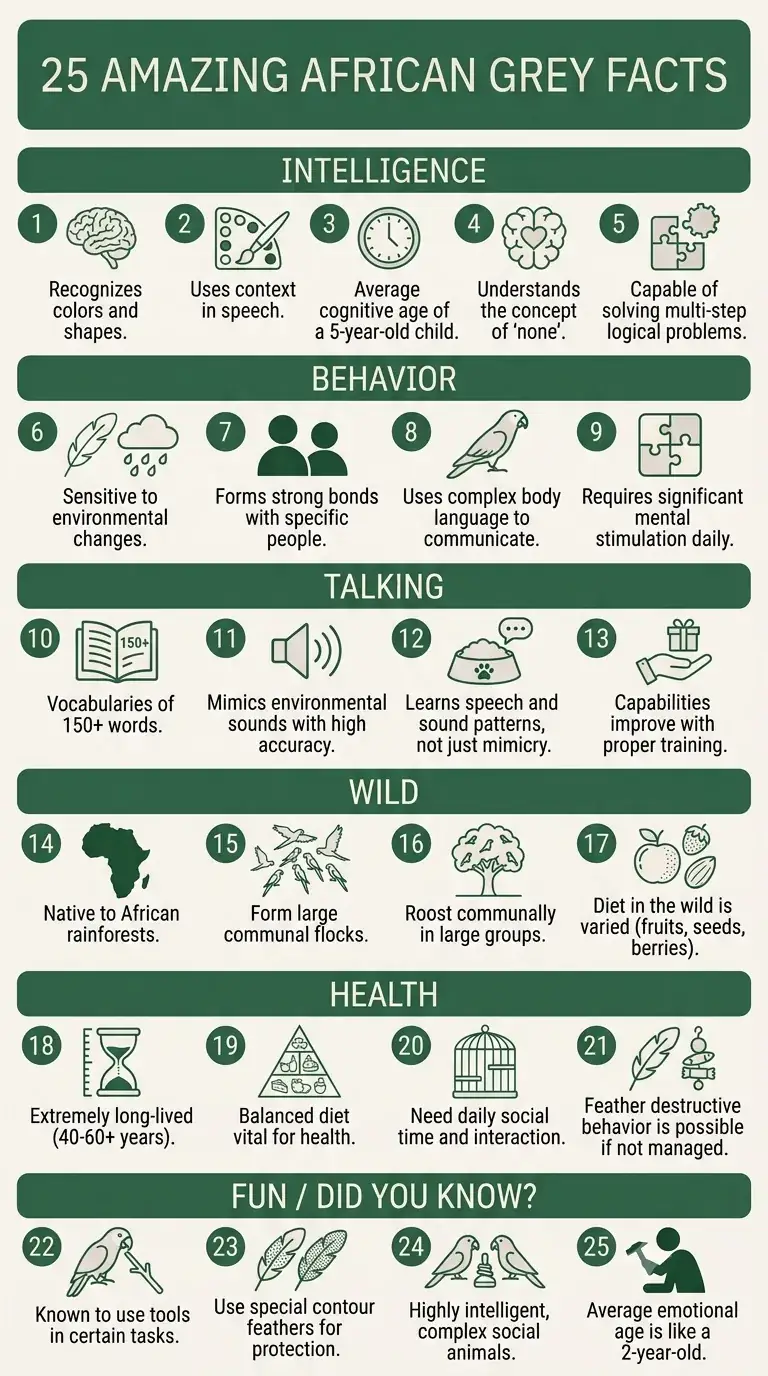 A shareable visual sheet of 25 amazing African Grey parrot facts grouped by intelligence, behaviour, talking, wild origin, health and fun