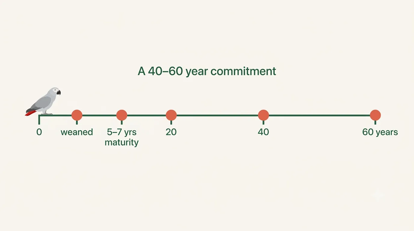 An African Grey lifespan timeline ribbon from weaning to sixty years with life-stage milestones