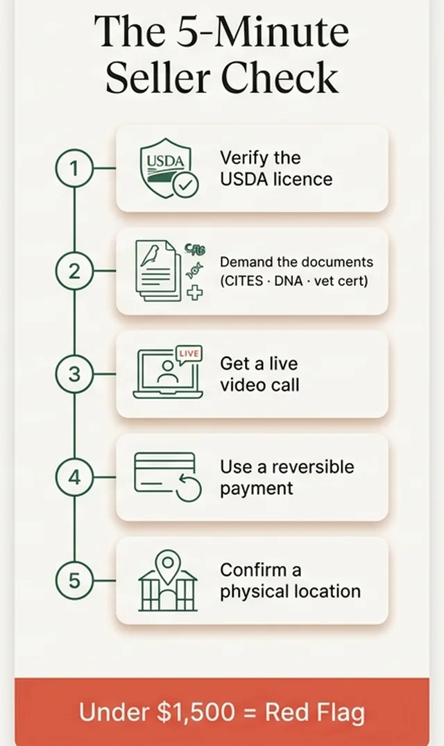 The five-minute African Grey seller check: verify the USDA licence, demand CITES, DNA and vet papers, get a live video call, use reversible payment, confirm a physical location