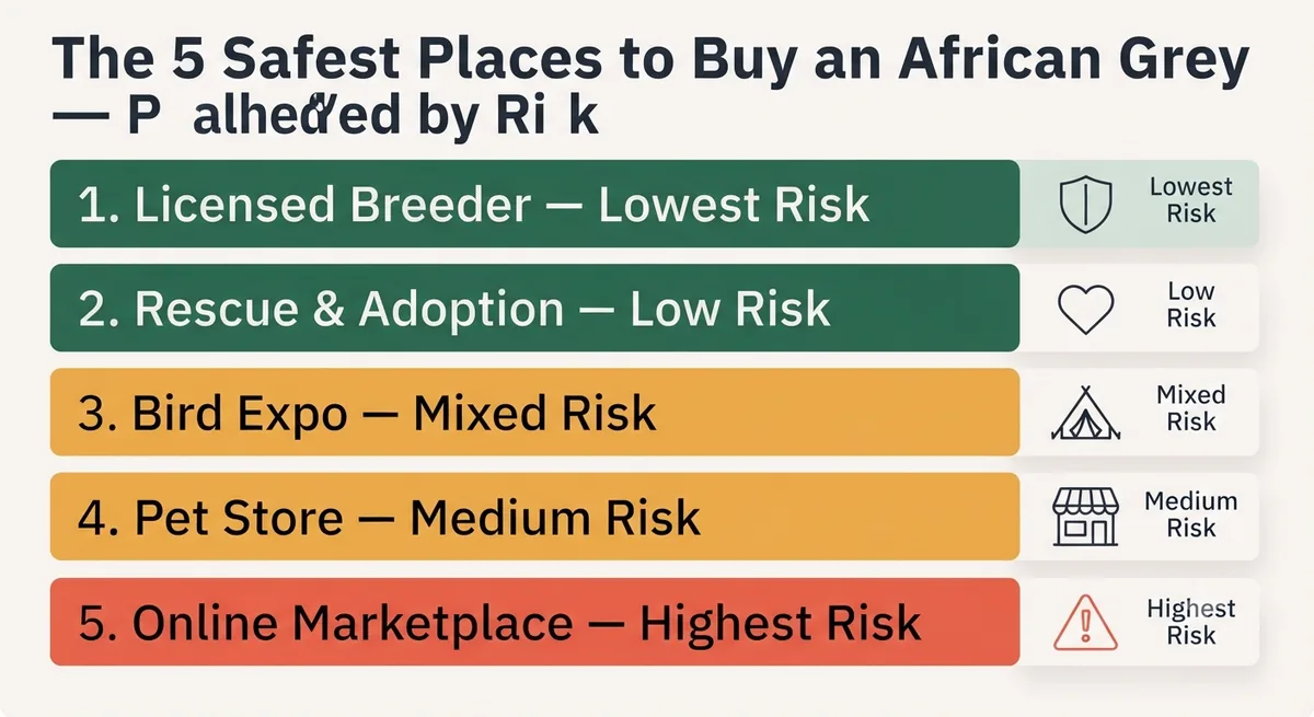 The five safest places to buy an African Grey ranked from lowest to highest risk: licensed breeder and rescue lowest, bird expo and pet store medium, online marketplace highest