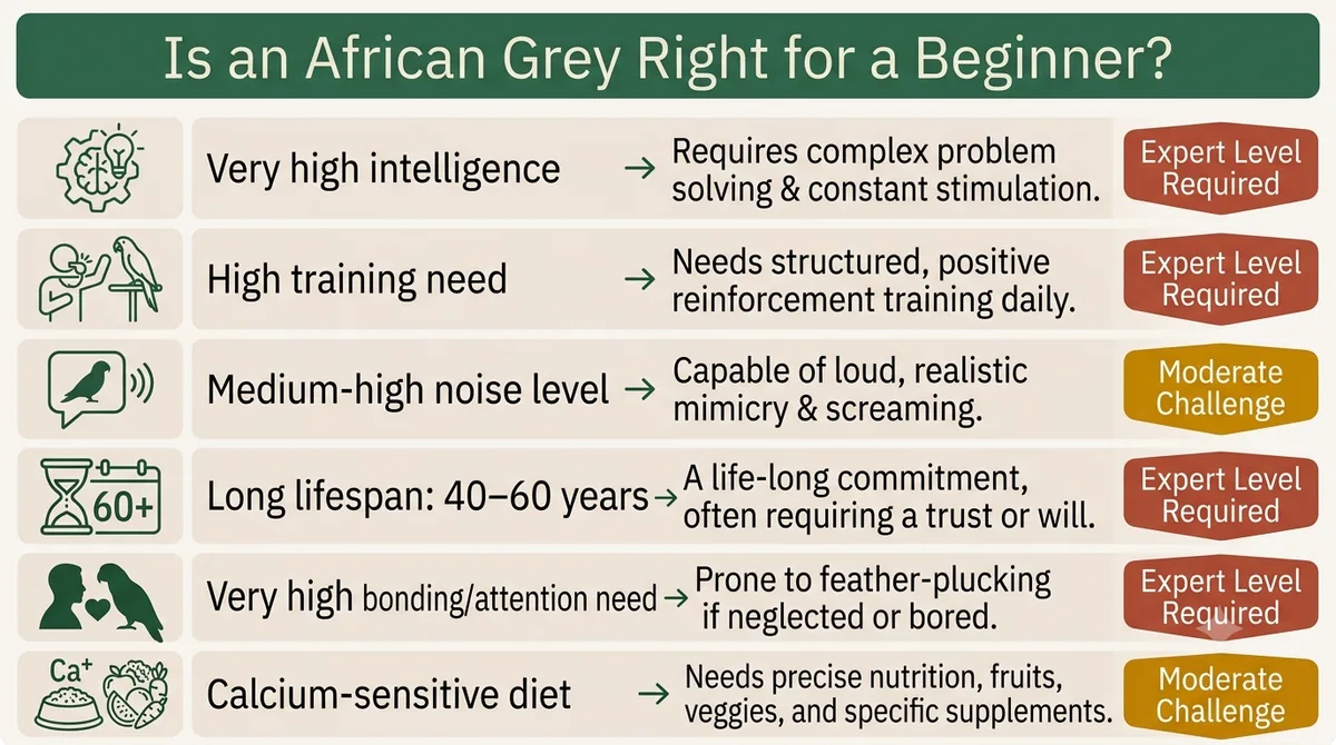 Beginner suitability scorecard rating African Grey intelligence, training need, noise, lifespan, bonding and diet by difficulty