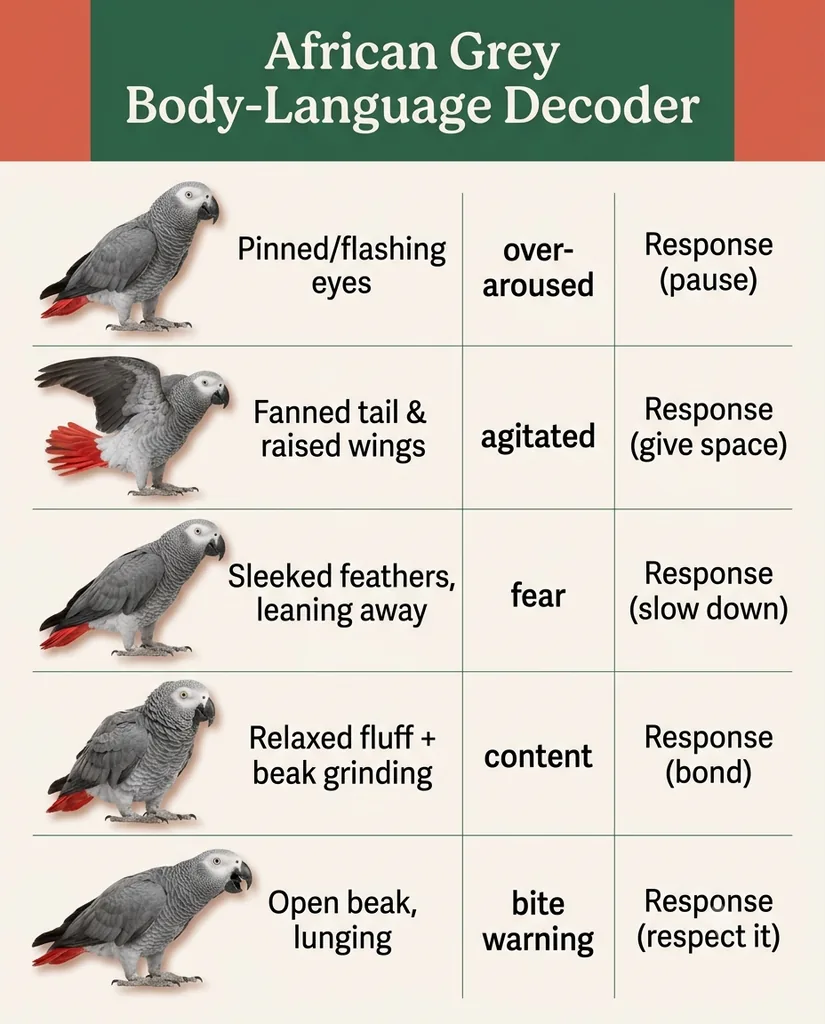 African Grey body-language decoder infographic — pinned eyes, fanned tail, sleeked feathers, beak grinding and lunging, with what each means and how to respond