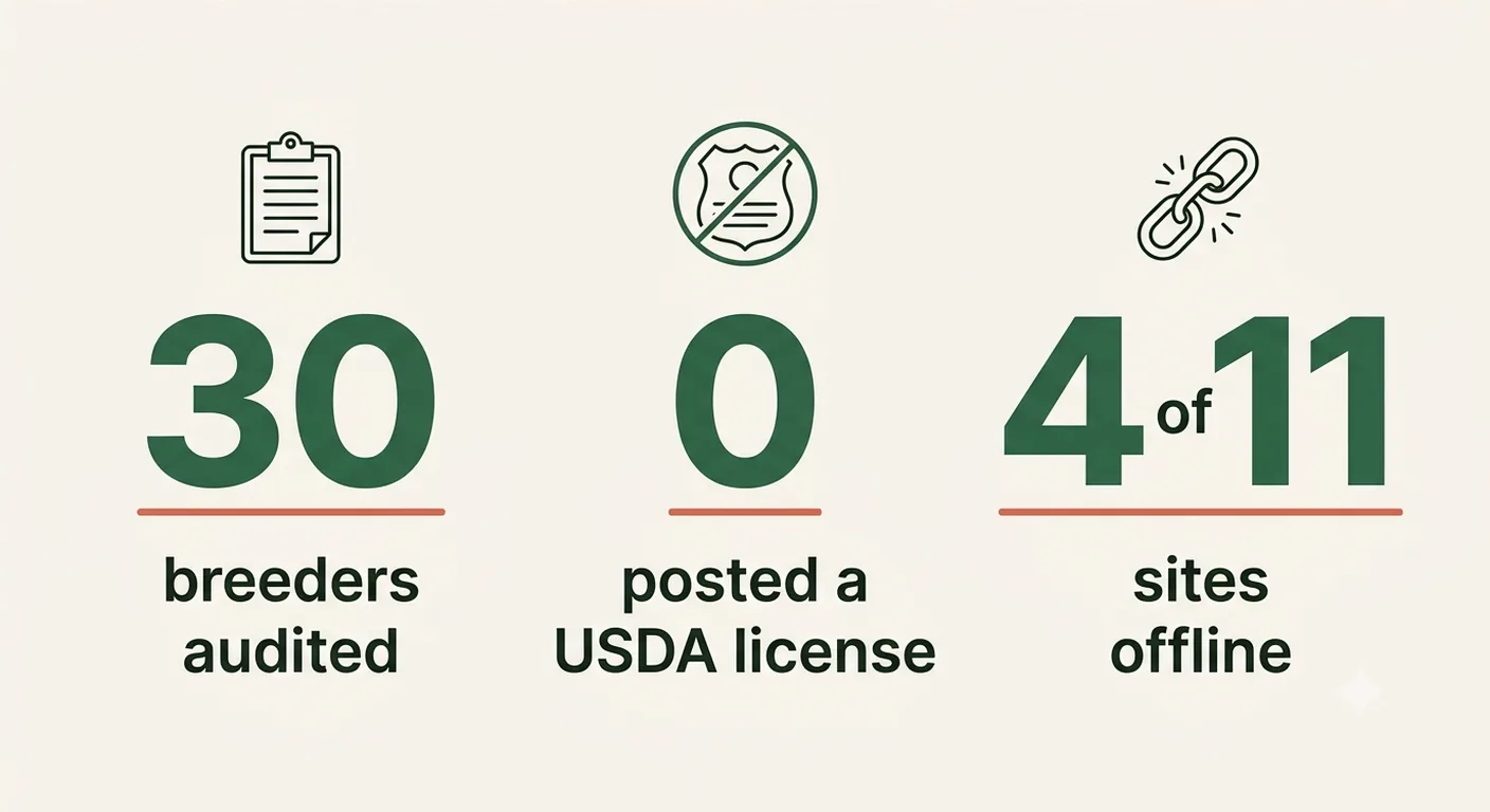 Three findings from an audit of thirty African Grey breeder sites, zero USDA licences posted and four of eleven direct-breeder sites offline