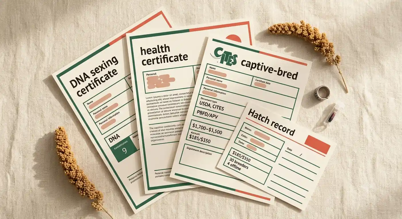Flat-lay of captive-bred African Grey documentation, a DNA sexing certificate, health certificate, CITES paperwork and a closed leg band
