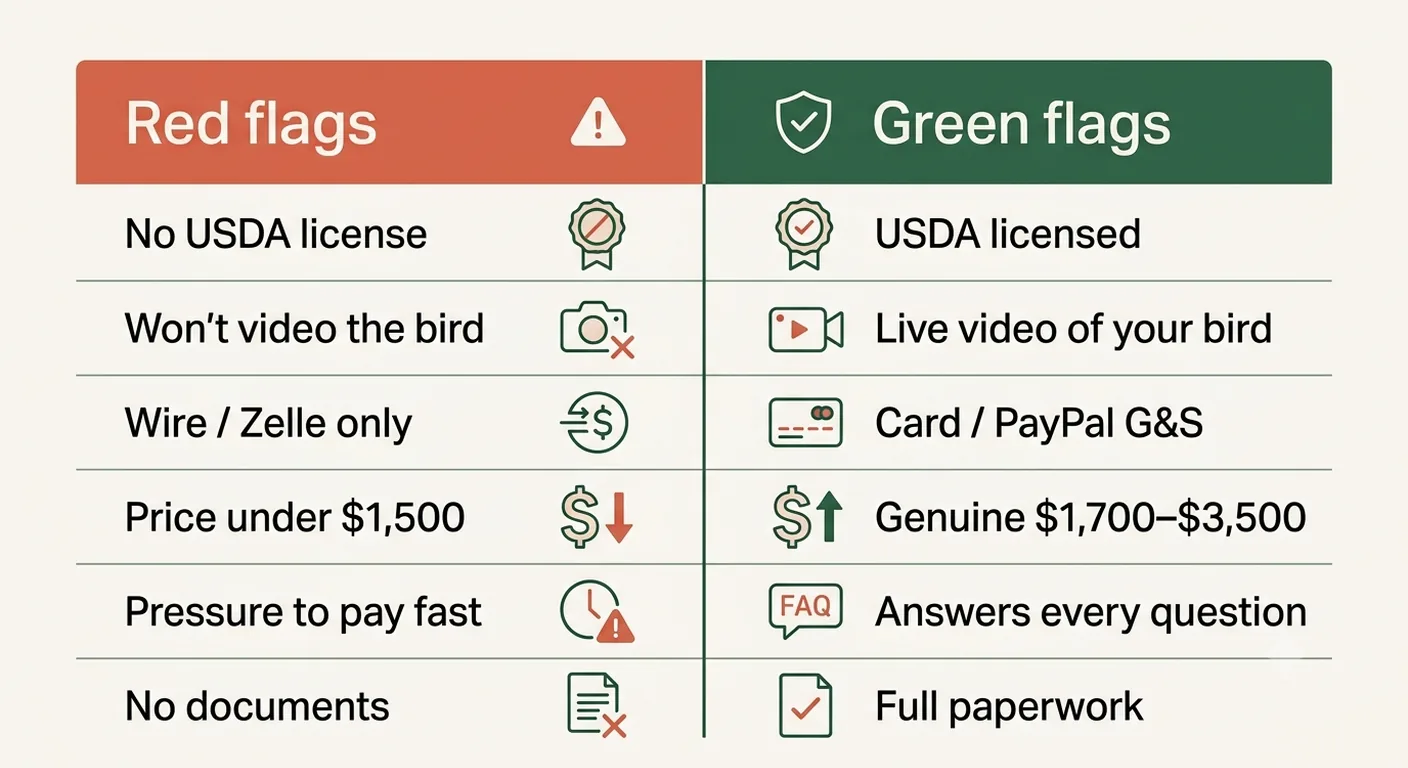 African Grey breeder red flags versus green flags for verifying a documented seller
