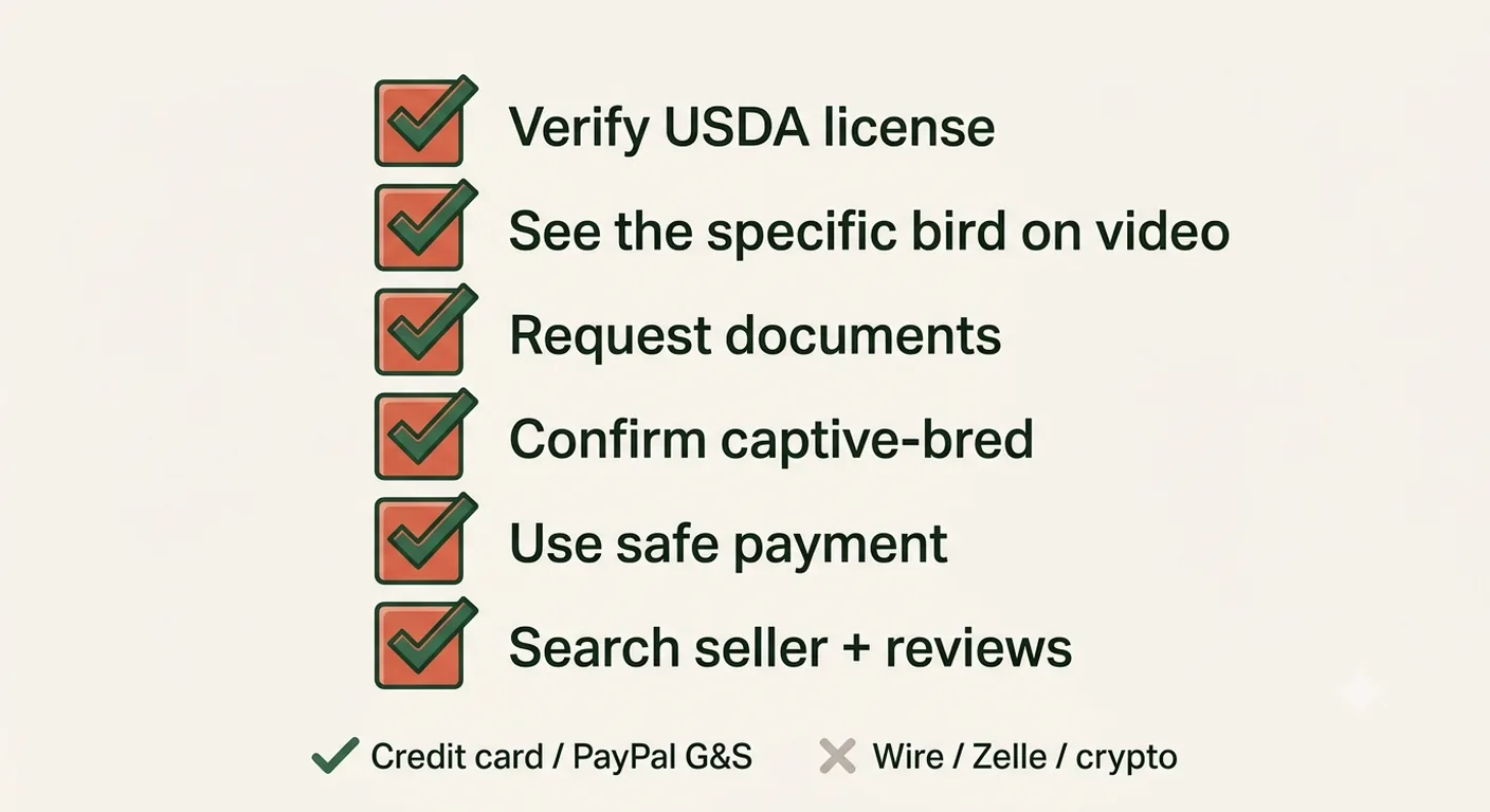 A vertical checklist of steps to verify an African Grey breeder before paying, with a safe versus unsafe payment footer