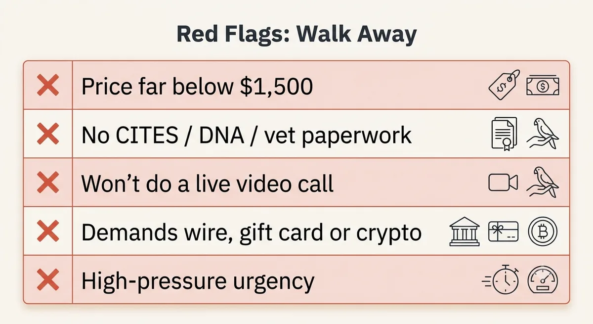 African Grey buyer red flags to walk away from: too-low price, no CITES DNA or vet paperwork, no live video call, wire gift-card or crypto payment, and high-pressure urgency