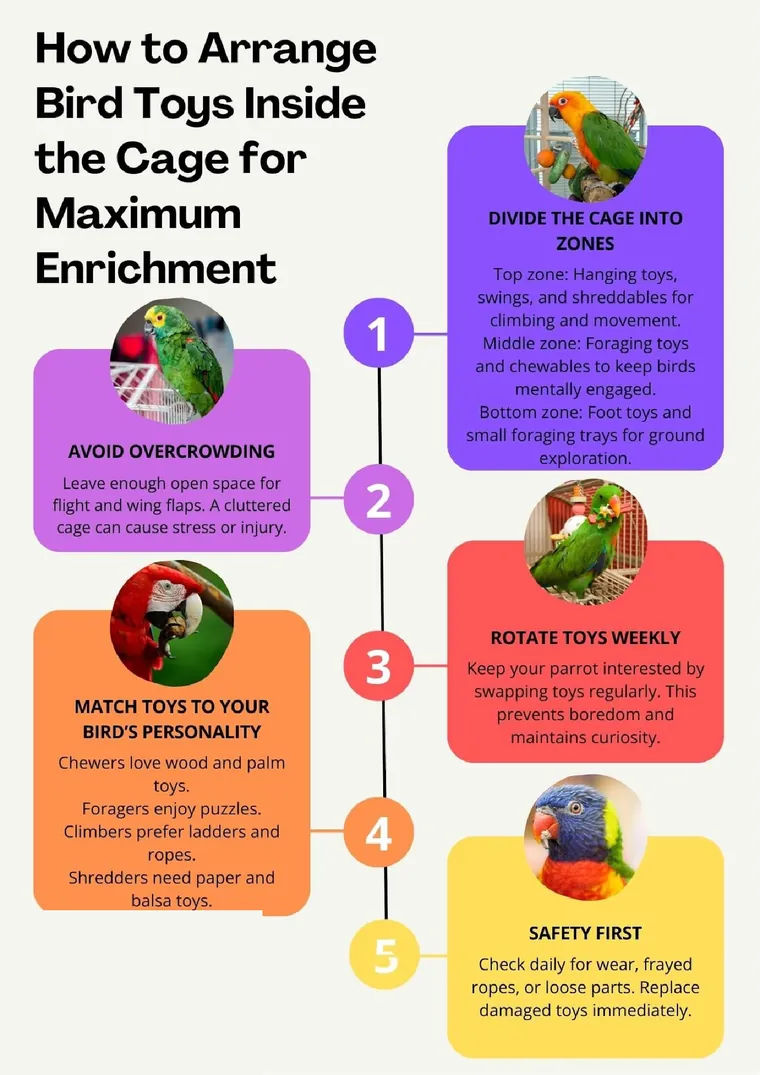 How to arrange bird toys inside the cage for maximum enrichment: divide into zones, avoid overcrowding, match toys to personality, rotate weekly, and prioritise safety