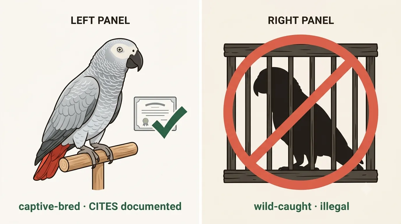 A captive-bred vs wild-caught African Grey contrast showing a documented aviary bird beside a prohibited wild-capture symbol