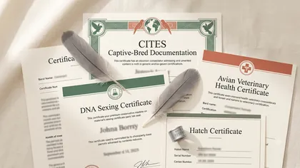 Captive-bred African Grey CITES documentation flat-lay
