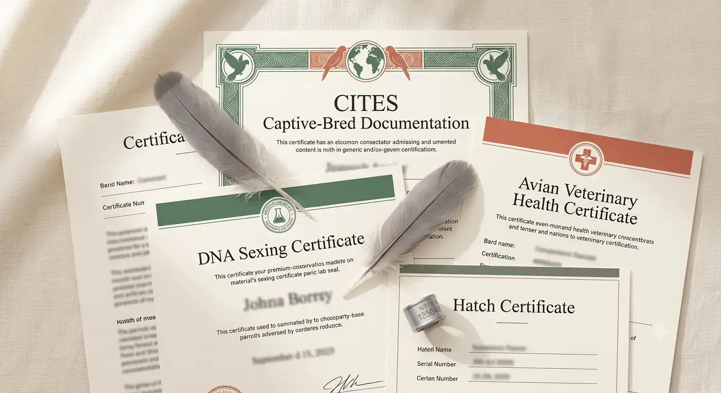 Flat-lay of the C.A.Gs document folder: CITES captive-bred paperwork, hatch certificate with closed band number, DNA sexing certificate and avian vet health certificate