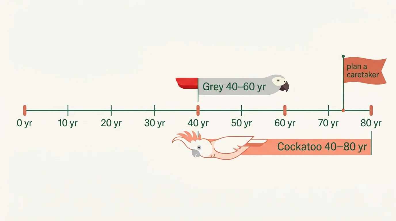 Lifespan timeline showing the African Grey at 40 to 60 years and cockatoos up to 80 years, with a prompt to name a future caretaker