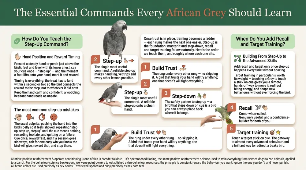 The order to teach African Grey commands — step-up, step-down, recall and target training, shown as a sequence each building on the last