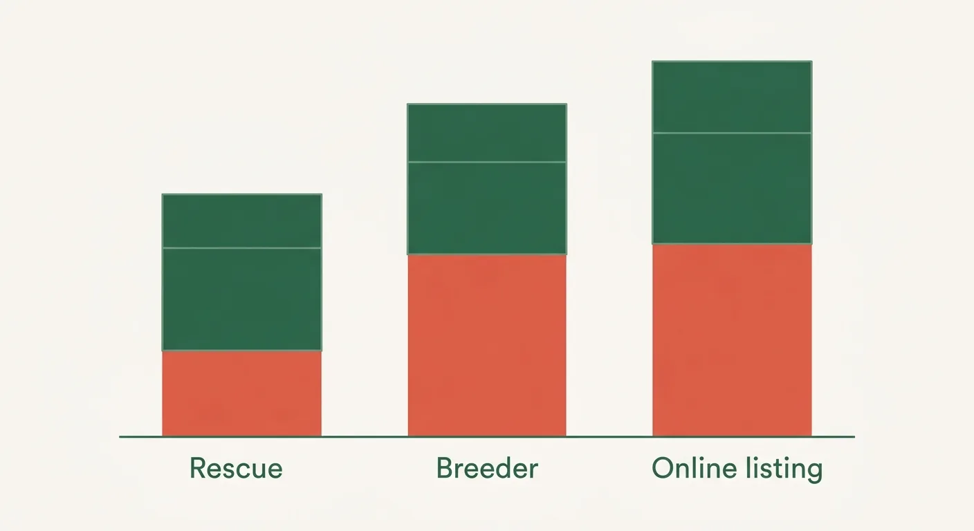 Total cost by acquisition route, stacked across rescue, breeder and online listing, with purchase price in clay and everything after it in green