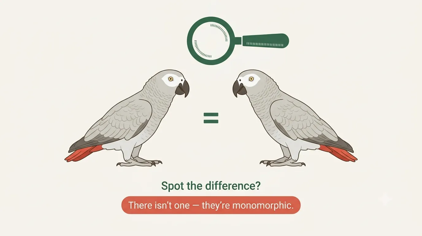 Infographic showing a grey feather leading to a DNA helix and a certificate, explaining that African Greys are sexed by PCR DNA testing