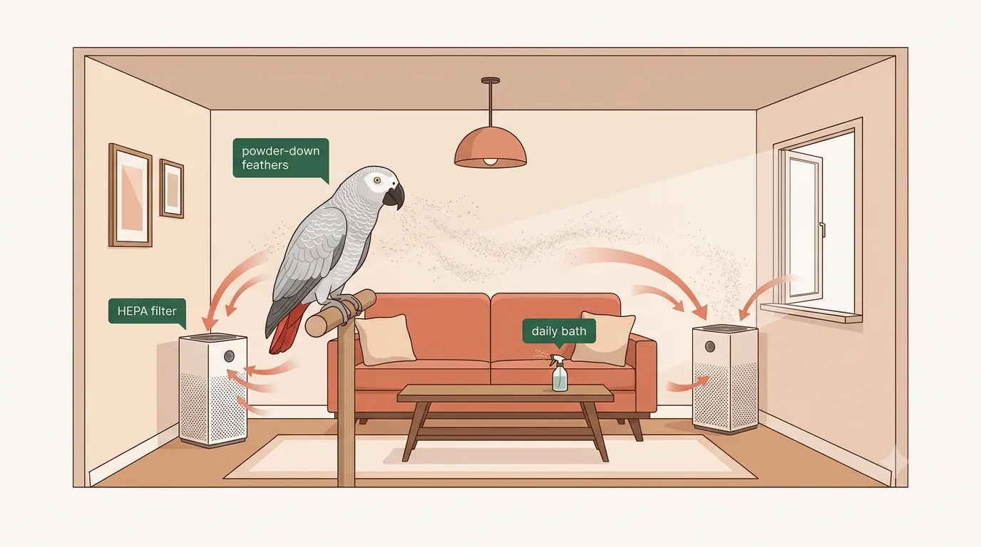African grey dust and dander for allergy households: a Grey releases powder-down while a HEPA air purifier pulls the fine particles from the room