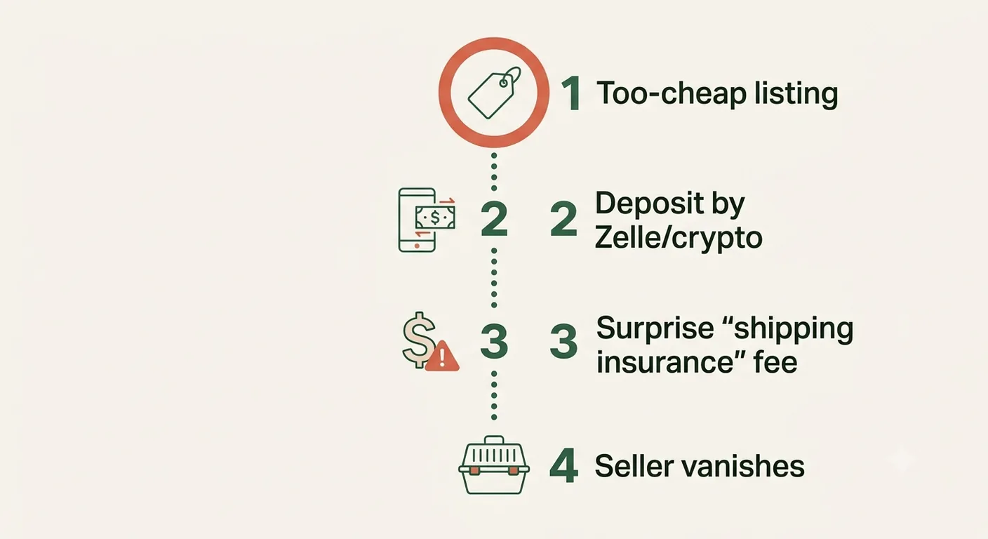 Anatomy of an African Grey Facebook Marketplace scam shown as four steps from a too-cheap listing to a vanished seller