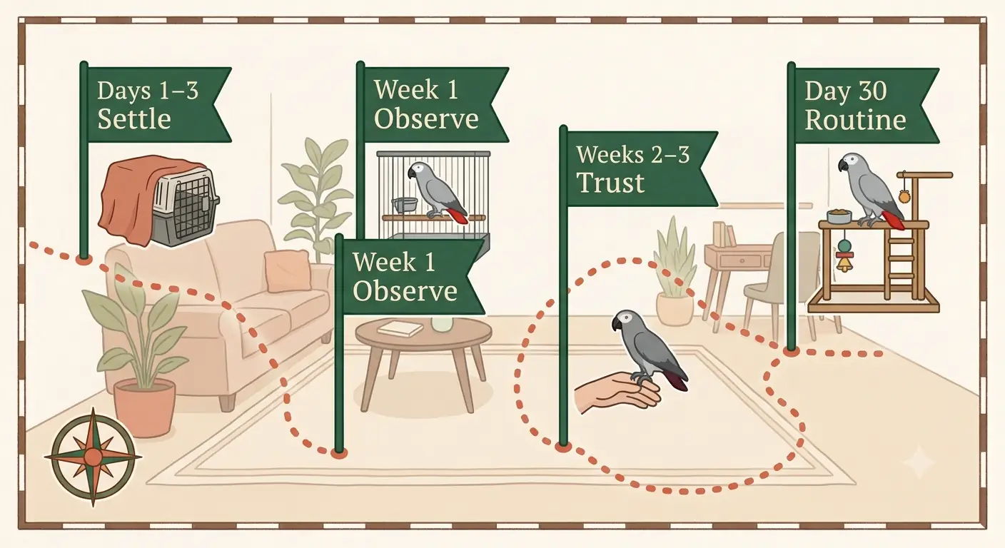 Thirty-day adjustment timeline for a new African Grey: settling days one to three, household mapping in week one, trust building in week two, personality stabilizing in weeks three and four
