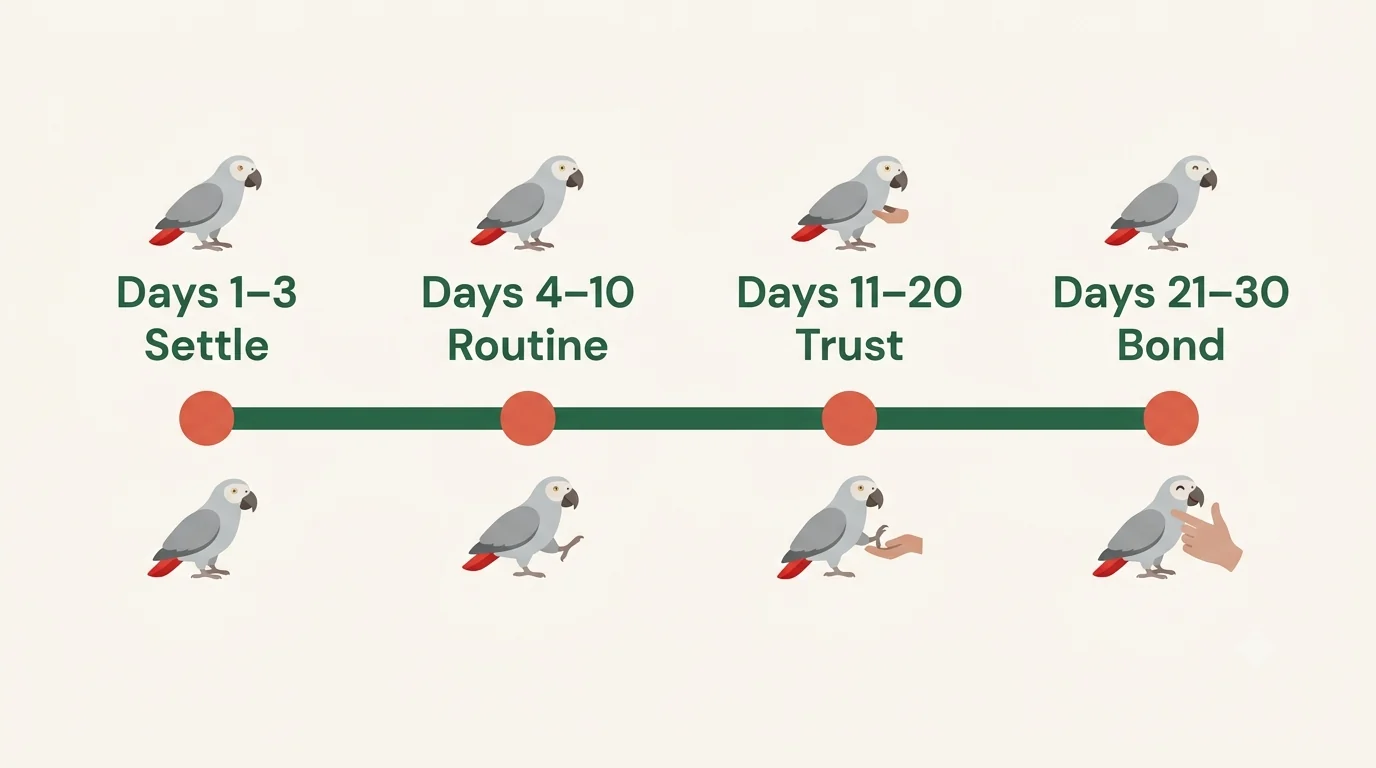 Thirty-day adjustment timeline for a new African Grey: settling days one to three, household mapping in week one, trust building in week two, personality stabilizing in weeks three and four