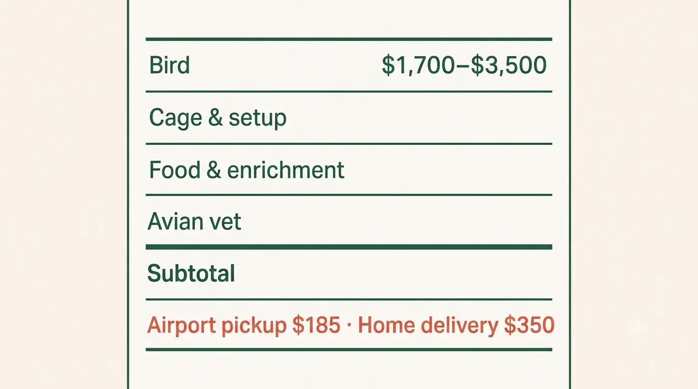 An African Grey cost of ownership receipt covering purchase, cage, food and vet with a shipping-tier footer
