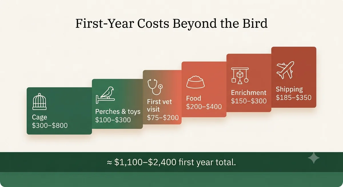First-year African Grey costs beyond the bird: cage $300–$800, perches and toys $100–$300, first vet visit $75–$200, food $200–$400, enrichment $150–$300, shipping $185–$350, about $1,100–$2,400 total