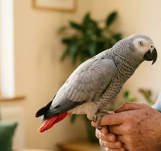 Settled adult Grey with its long-term owner, four decades into the commitment