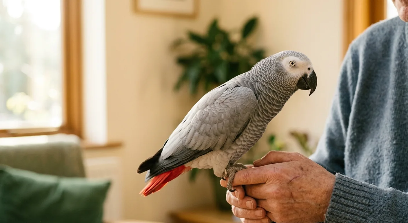 Older owner holding a settled Grey, the long commitment the forty-year money question really describes