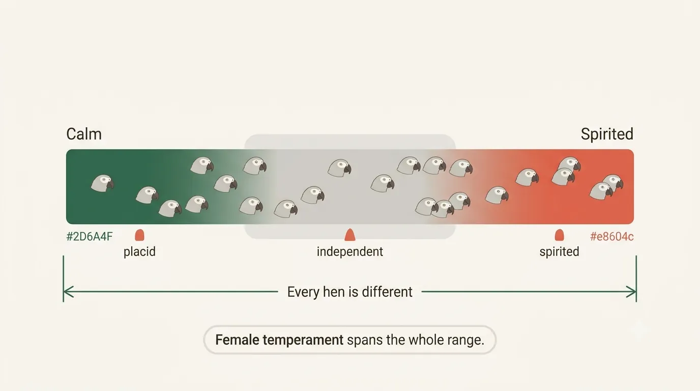 Museum-style infographic with calipers on an African Grey head and a crossed-out squared-off skull, showing that head or body shape cannot sex the bird