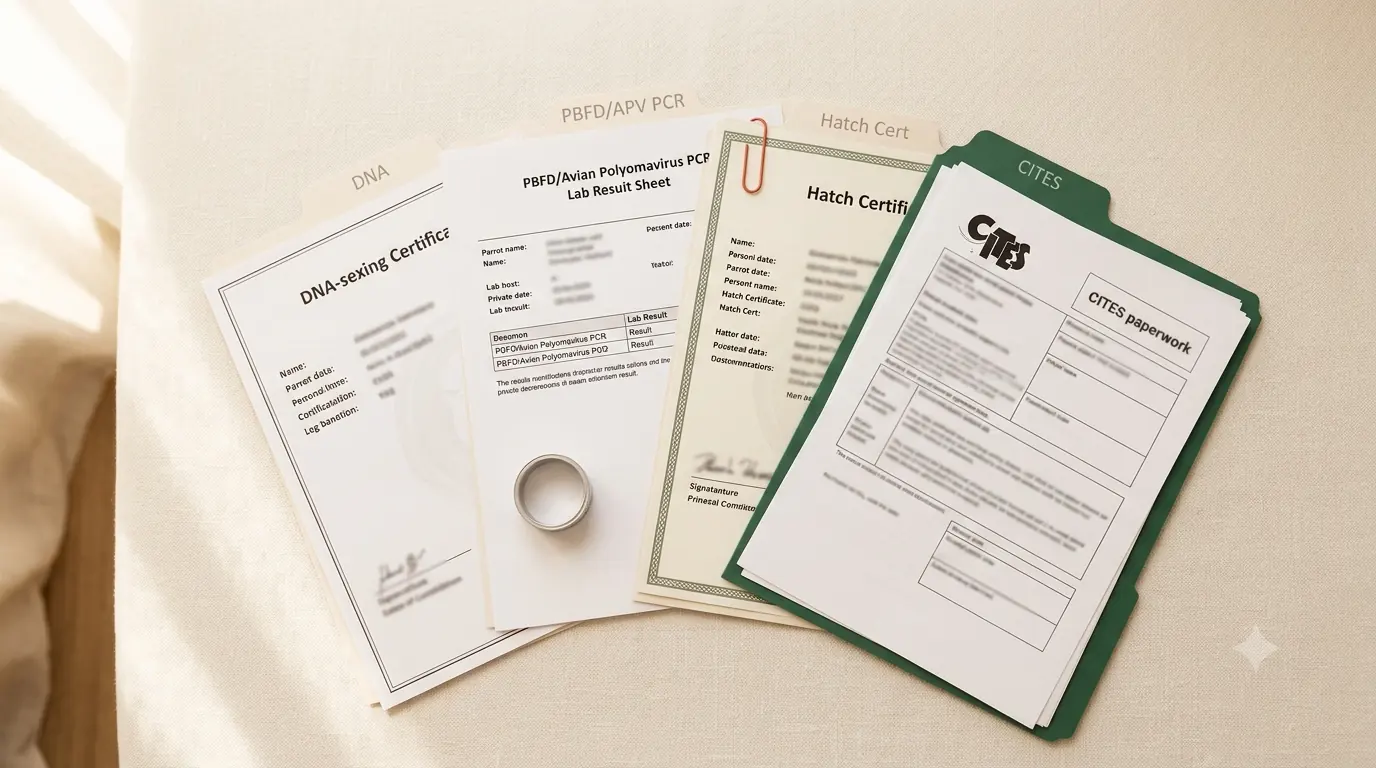 Flat-lay of a captive-bred African Grey's paperwork: DNA sexing certificate, PBFD and Avian Polyomavirus PCR results, hatch certificate and CITES documents