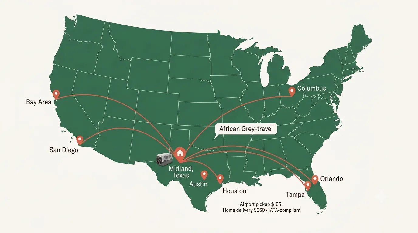 Map of nationwide African Grey shipping routes from Midland, Texas to major US metros