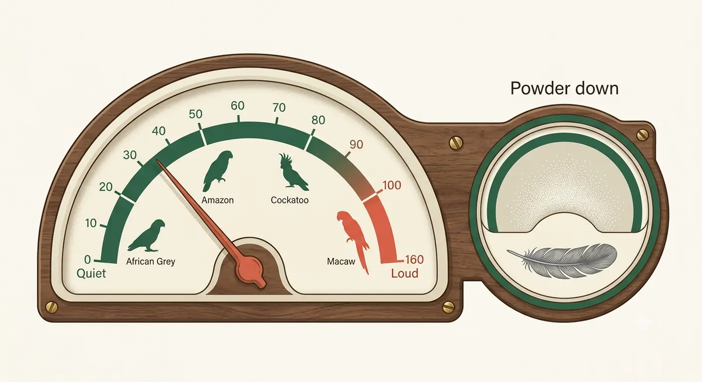 Infographic ranking parrot noise levels with African Greys well below Amazons, macaws and cockatoos, plus a note on powder-down dander for allergy-prone households