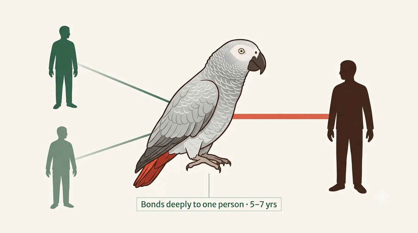 An African Grey one-person bonding diagram showing a deep attachment to one person and jealousy toward others