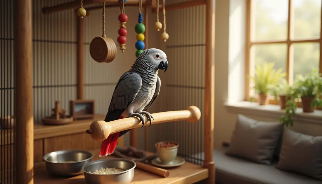 African Grey parrot perched in a well-lit room beside a properly set-up cage with toys and food bowls