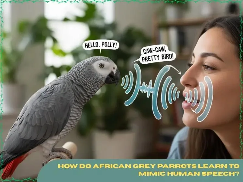 A hand-raised African Grey parrot mid-greeting, the kind of contextual hello even a once-timid Grey settles into