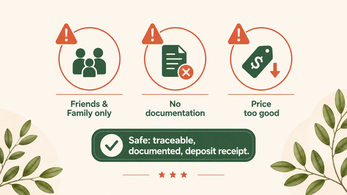 Warning infographic listing African Grey payment red flags: wire transfers, gift cards, cryptocurrency, no DNA certificate and refusal to share CITES documentation