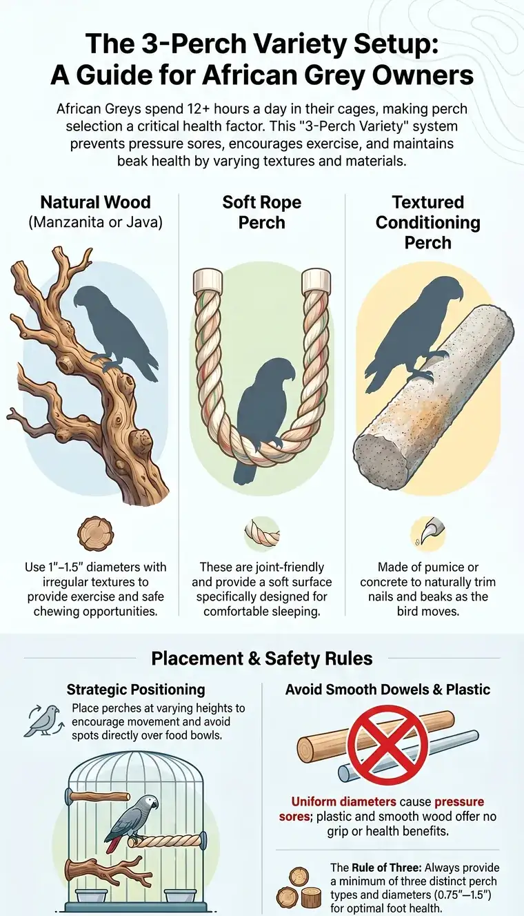 The 3-perch variety setup for African Greys: natural wood, soft rope and textured conditioning perches, with placement and safety rules