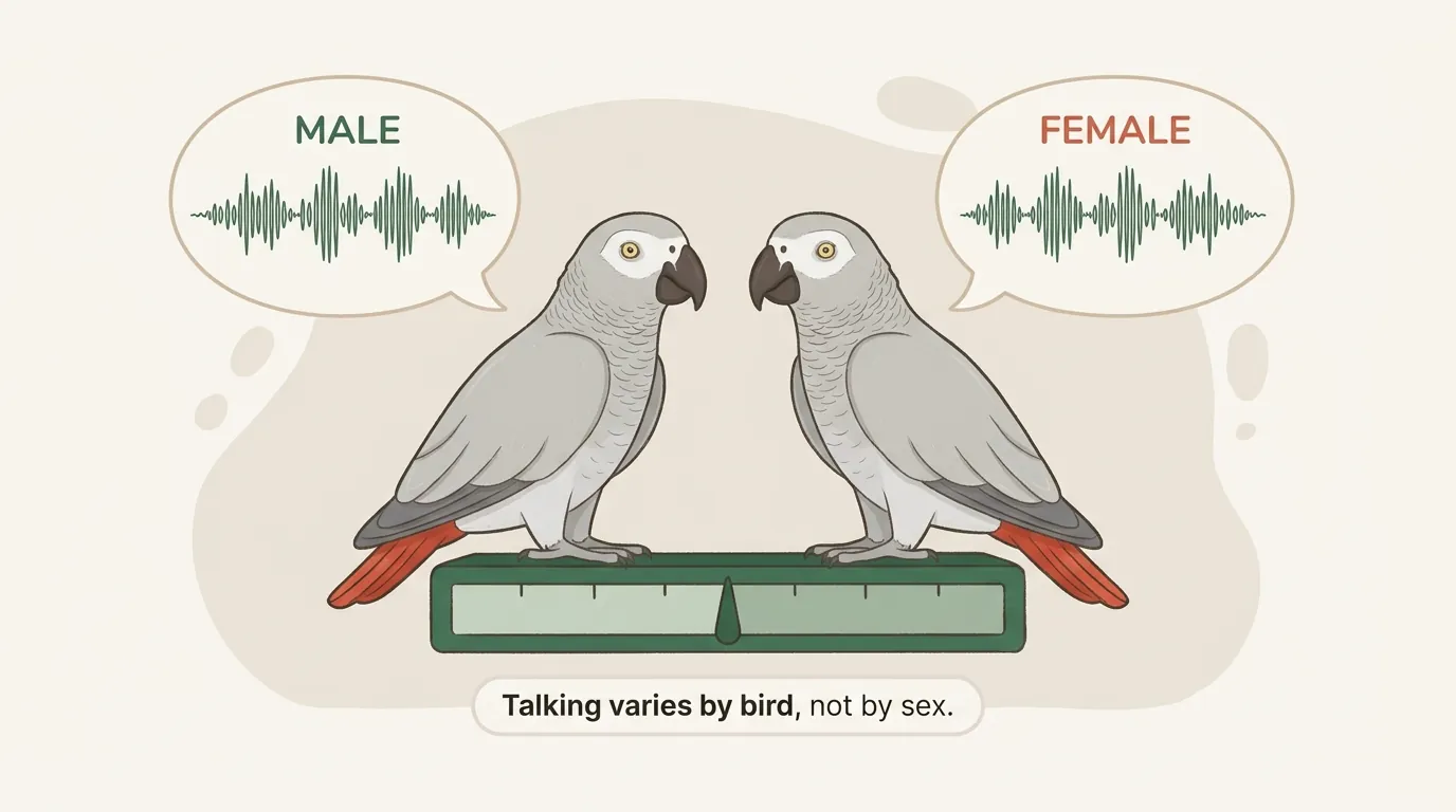 Conceptual infographic of an African Grey over a fingerprint motif, captioned that personality is individual and shaped by hand-rearing, not by male or female sex