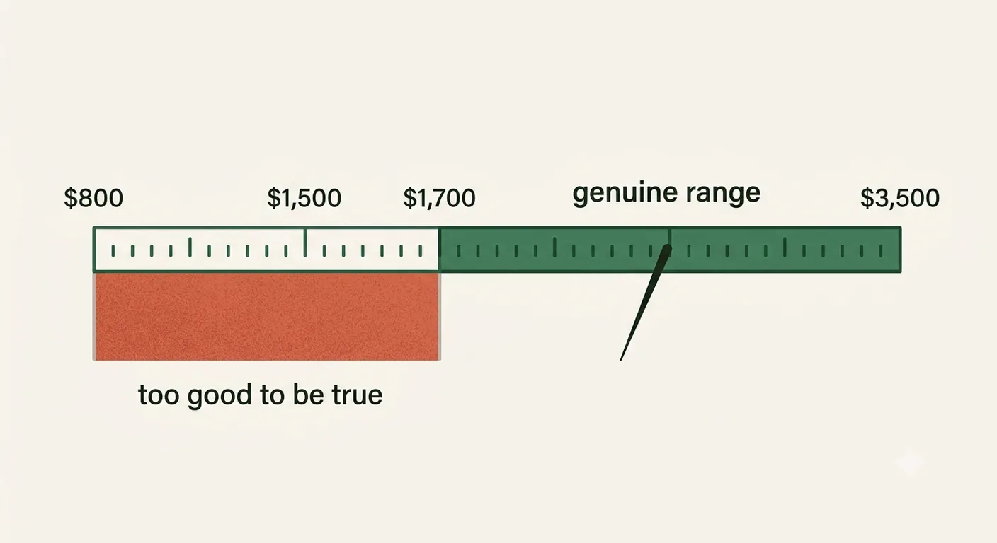 A price gauge with a clay too-good-to-be-true danger zone below fifteen hundred dollars and a genuine African Grey range above it