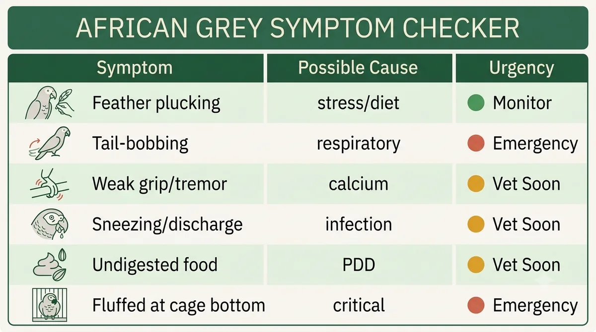 African Grey symptom checker mapping symptoms like plucking, tail-bobbing and weak grip to possible causes and colour-coded urgency