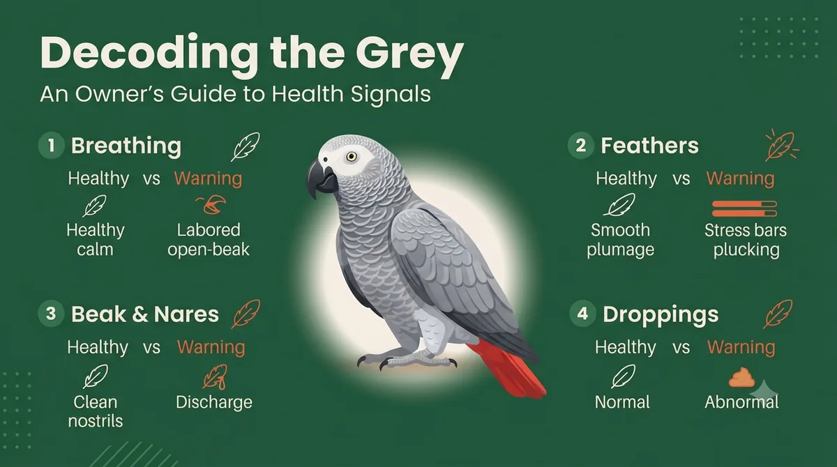 Decoding the Grey infographic: an African Grey anatomy diagram pairing healthy versus warning signs for breathing, feathers, beak and nares, and droppings