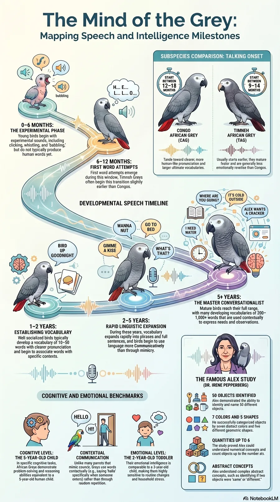 African Grey parrot speech development milestones infographic, from experimental sounds at 0 to 6 months to a 200 to 1,000-plus word vocabulary at 5 years and beyond