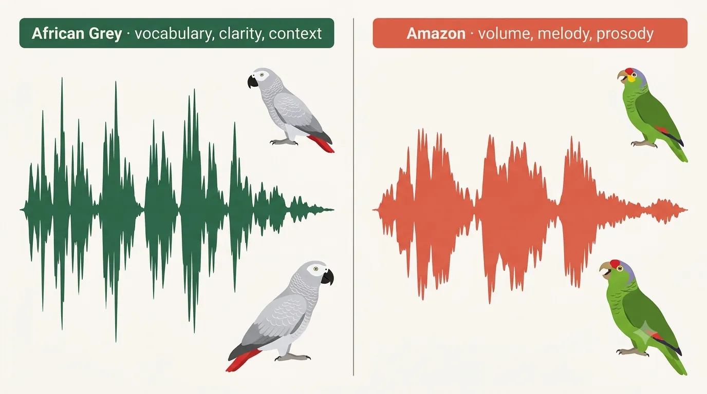African grey talking vs amazon singing: the Grey leads on vocabulary and context, the Amazon leads on melody and volume