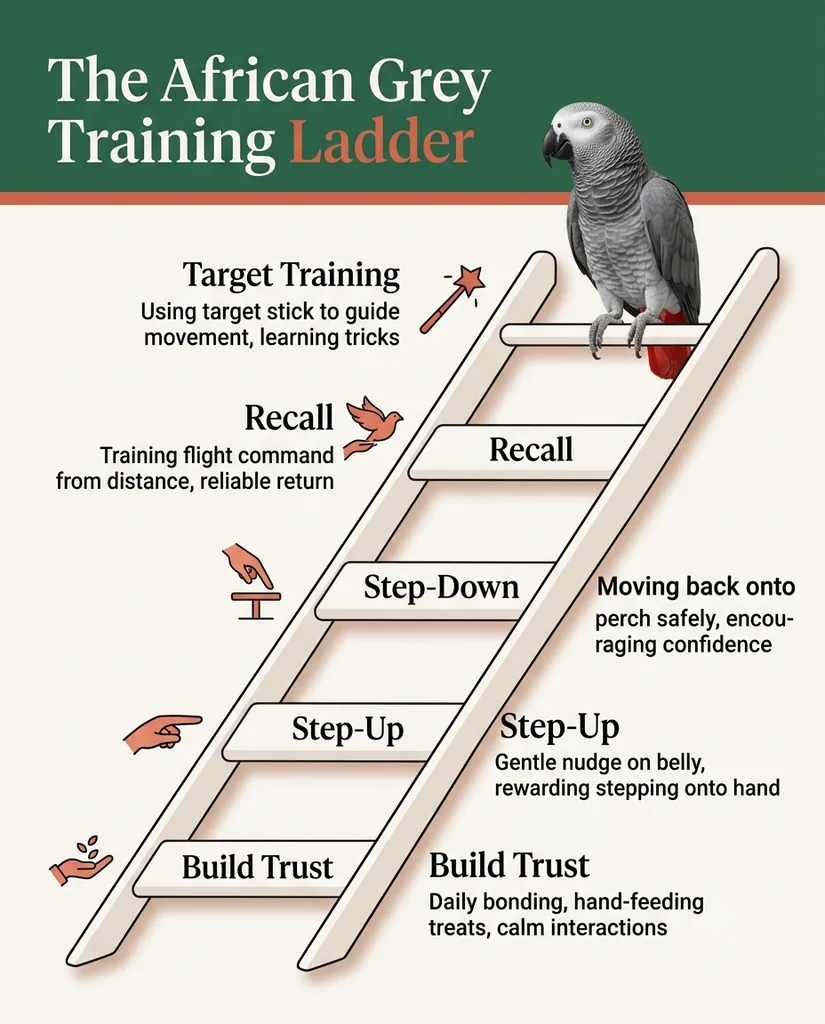 The African Grey training ladder infographic — Build Trust, Step-Up, Step-Down, Recall and Target Training as rungs from bottom to top