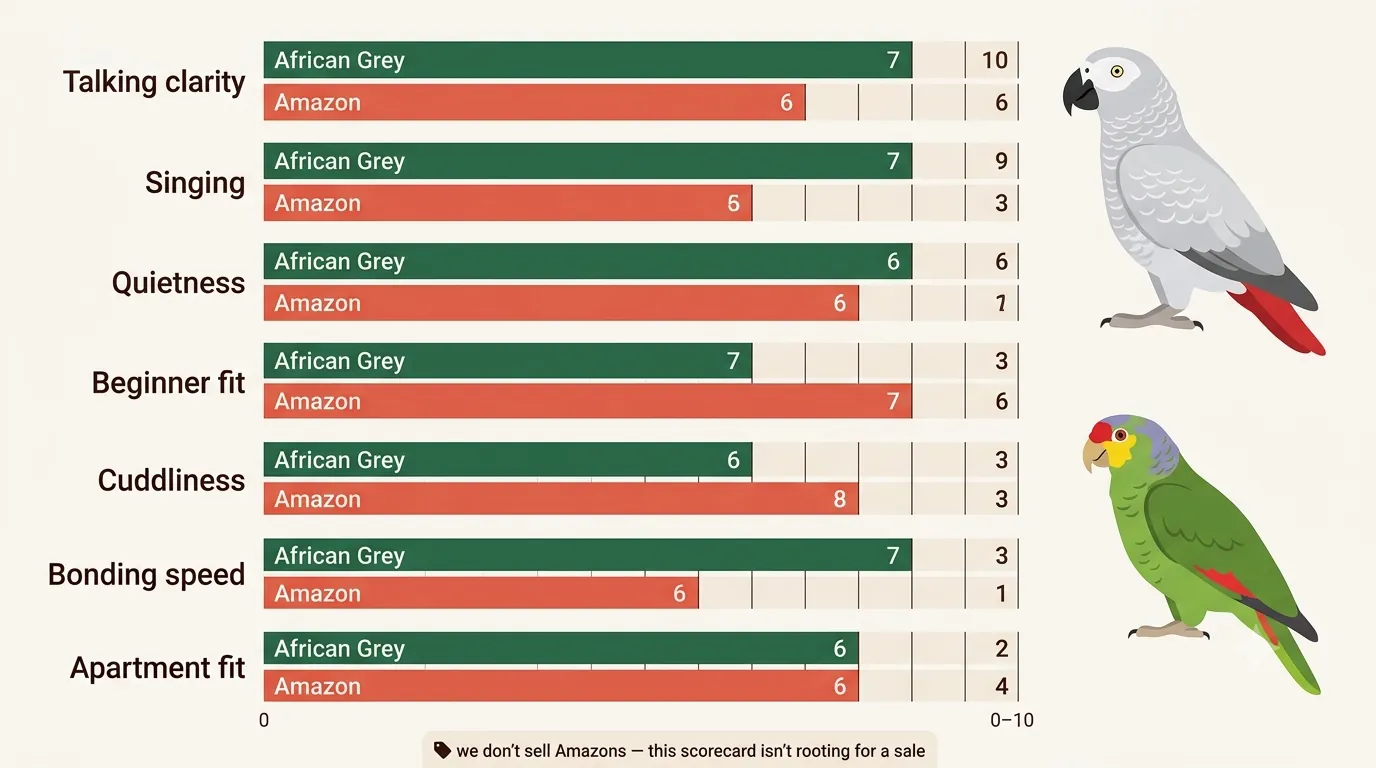 Decision scorecard rating the African Grey and Amazon parrot from zero to ten on talking, singing, quietness, low dust, steady temperament, beginner fit and apartment fit