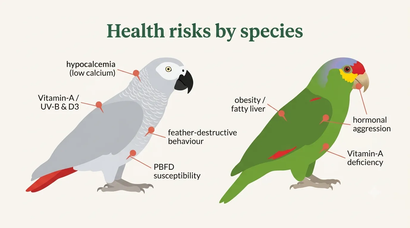 Health risks by species: an African Grey silhouette pinned with hypocalcemia and plucking, an Amazon silhouette pinned with obesity, fatty liver and hormonal aggression