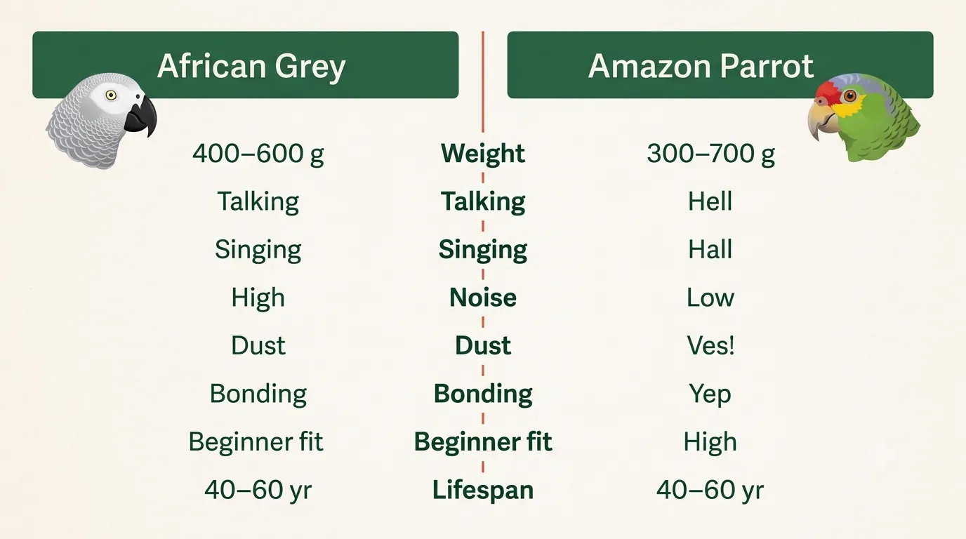 African Grey vs Amazon parrot comparison of contextual talking against singing and seasonal temperament