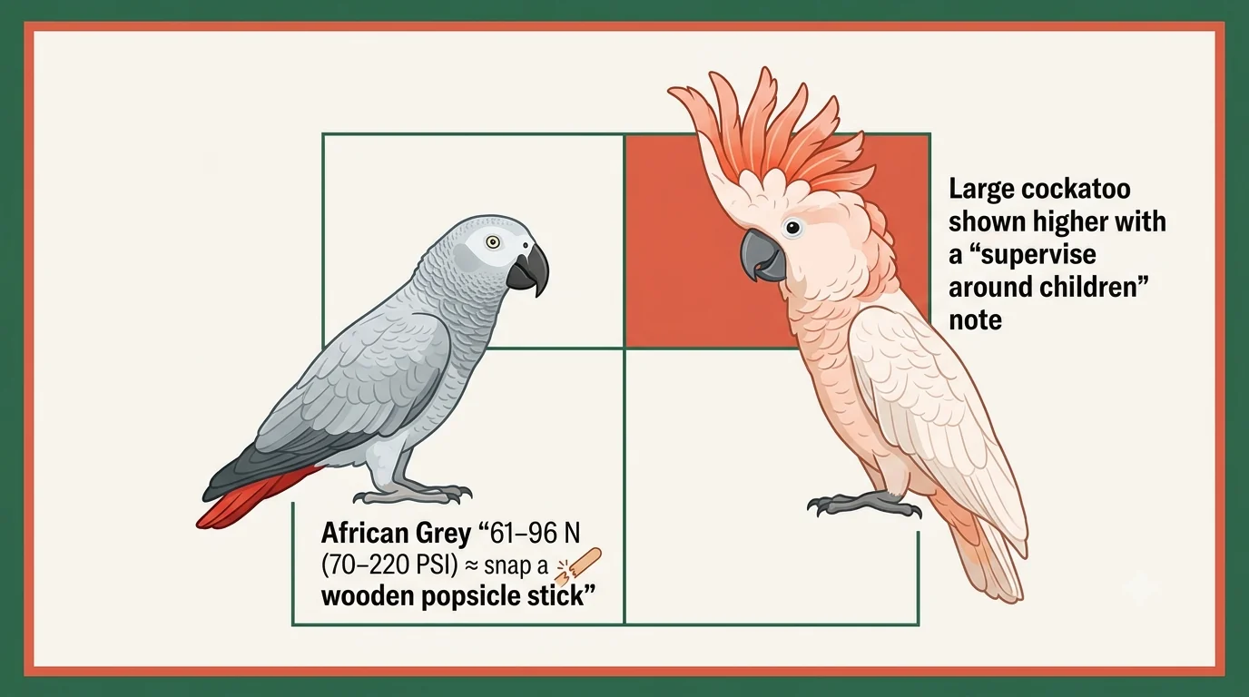 Bite-force safety infographic comparing an African Grey's 61 to 96 newton bite with the much stronger bite of a large cockatoo