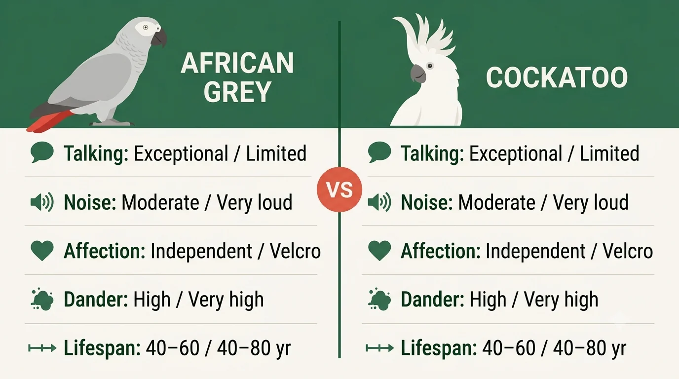 African Grey vs cockatoo comparison of independent bonding against velcro cuddliness and noise