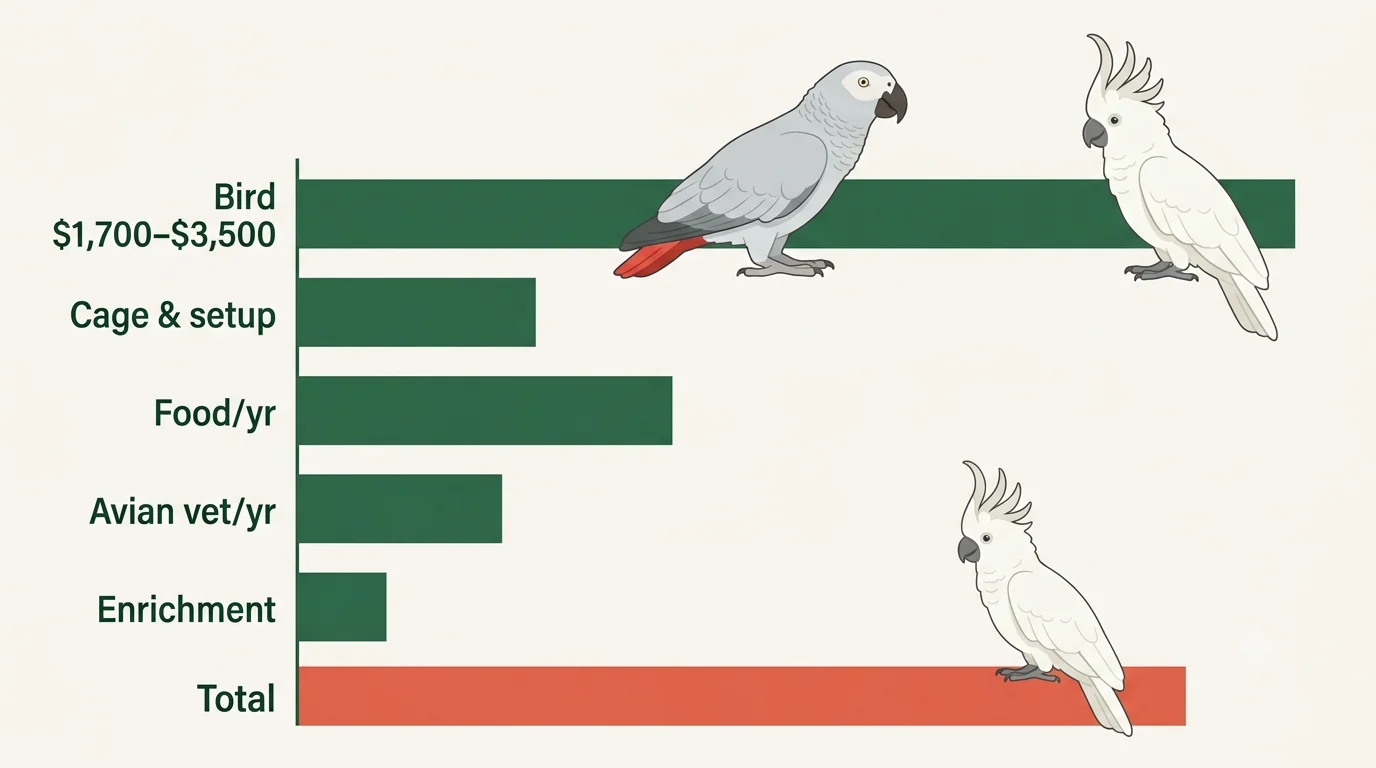 Cost-breakdown infographic showing African Grey prices of 1,500 to 3,500 dollars and a first-year setup budget of roughly 825 to 2,000 dollars