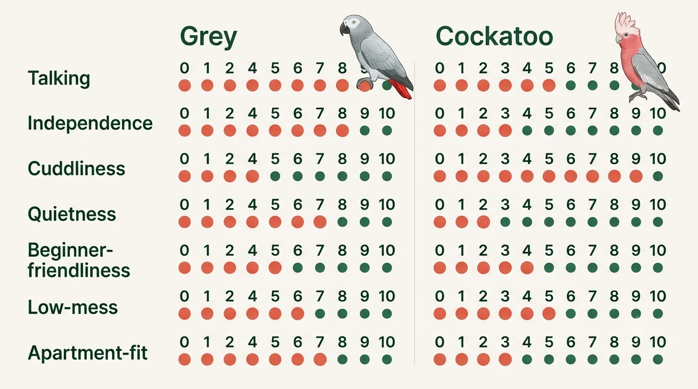 Decision scorecard infographic rating the African Grey and cockatoo from zero to ten on talking, independence, cuddliness, quietness, beginner fit, low dander and apartment fit
